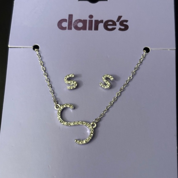 NWT Claires Silver Initial S Necklace and Earrings Set Rhinestone Letter Jewelry - Picture 1 of 3